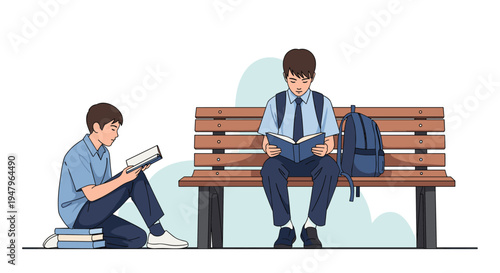 Two young schoolboys sitting on and near a wooden bench are focused on reading their books during a break in a calm outdoor environment.