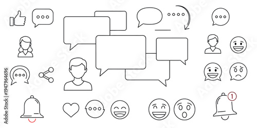 A collection of various emoticon faces and speech bubbles for communication
