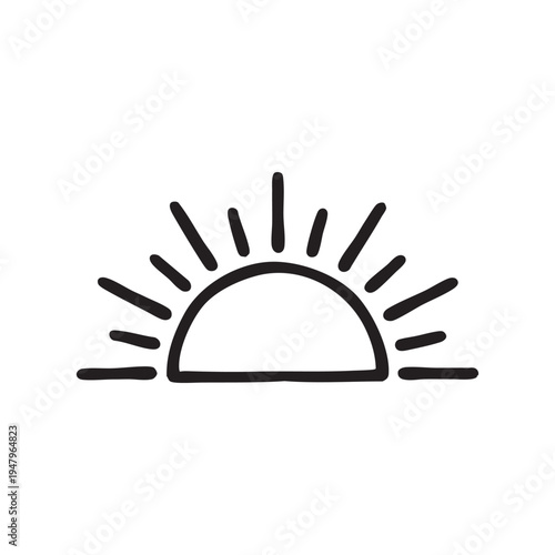 Semi circle sunburst with short radiating lines and hand drawn marker style for summer and morning themes