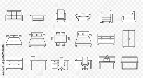 Collection of Furniture Icons - Beds, Sofas, Desks, and Storage.