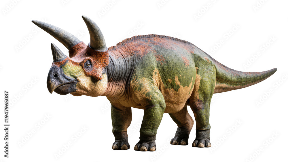 Fototapeta premium Isolated lifelike prehistoric three-horned ceratopsian dinosaur model with vibrant skin colors