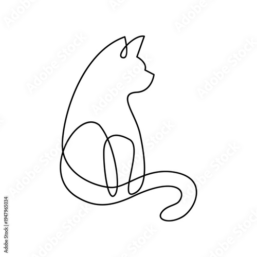 Minimalist Continuous Line Art Drawing of a Sitting Cat on White Background