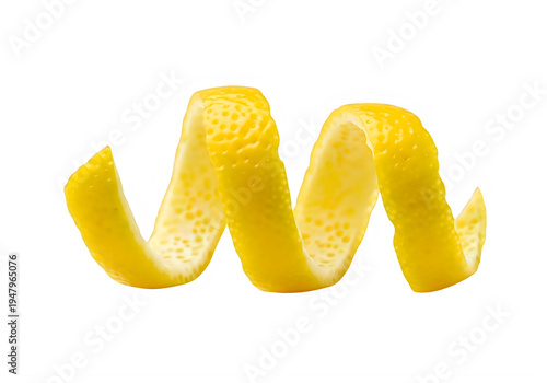 A yellow lemon peel curled up on itself isolated on transparent background