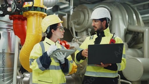 Safety-Focused HVAC Inspection by Engineering Team.Helmeted engineers verify protective measures while inspecting compressor and condenser components for safe operation.