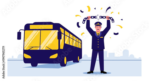 Bus driver breaks chain, celebrates freedom with bus and confetti
