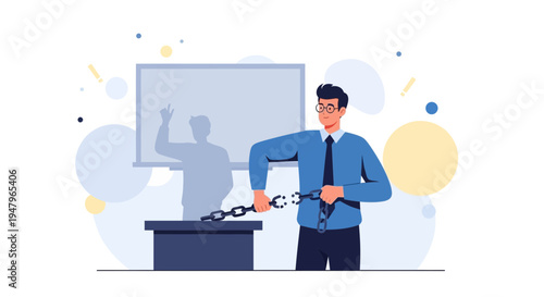 Businessman breaking chains, symbolizing freedom, success, and overcoming challenges