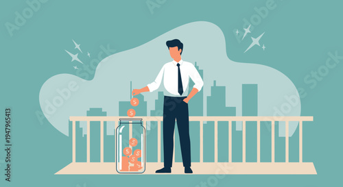 Businessman saving money in a jar on a city rooftop with skyscrapers in the background