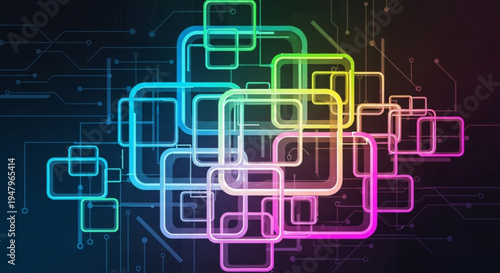 Vibrant neon circuit board illustration with colorful glowing connections on dark background representing technology and innovation