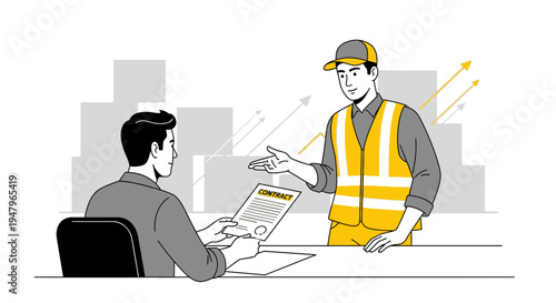 Businessmen signing contract, construction worker in safety vest, growth chart background