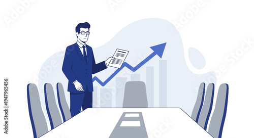 Businessman presenting financial growth chart in modern boardroom with upward arrow