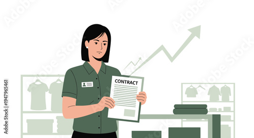 Businesswoman holding contract with growing arrow graph, retail store background