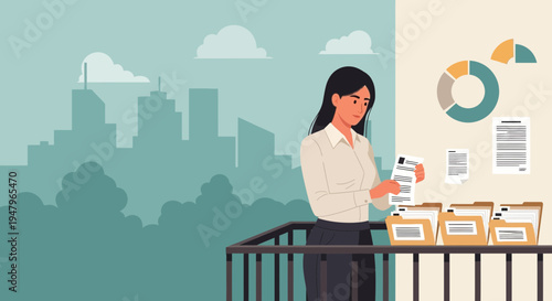 Businesswoman organizing documents and charts on balcony with city skyline background