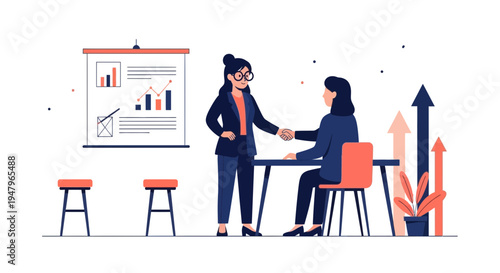 Businesswomen shaking hands in office meeting with growth chart and arrows