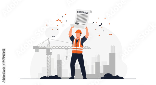 Construction worker celebrates holding up a contract at a building site with cranes