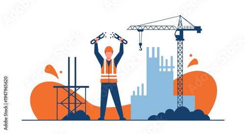 Construction worker breaking chains, symbolizing project completion and freedom from obstacles