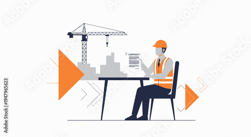 Construction worker reviewing blueprints at desk with crane and building models