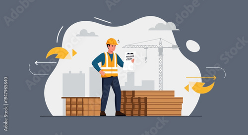Construction worker with blueprint and crane on site, building materials and safety gear