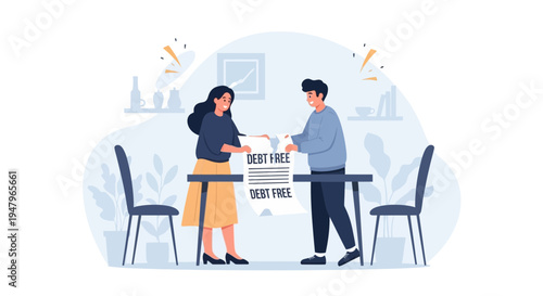 Couple celebrates becoming debt free, holding a document with 'Debt Free' written on it.