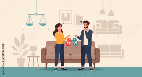 Couple confused by shopping bags with price tags, deciding on purchase