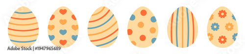 Set of decorative Easter eggs with stripes, hearts, dots and flowers in flat style isolated on white background. Colorful spring holiday illustration for greeting cards, prints and design. Hand drawn.