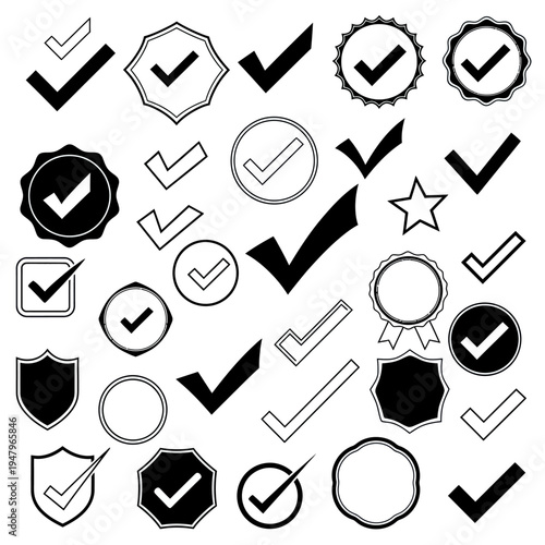 Vector Icon Set of Checkmarks and Badge Symbols in Minimalist Style for Certification and Approval Design