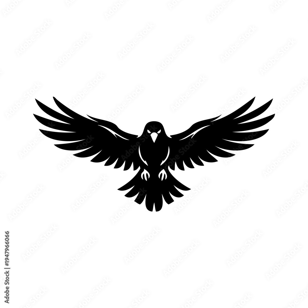 Fototapeta premium Logotipo con dibujo sencillo con líneas de un ave de rapiña tipo cuervo con las alas abiertas volando