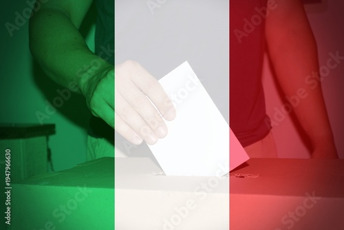 Bild auf Leinwand Italian flag with a person voting as background.