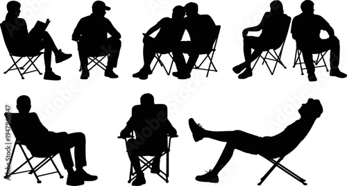 Collection of people relaxing on folding camping chairs silhouettes, outdoor leisure pose set, black shadow figures isolated illustration