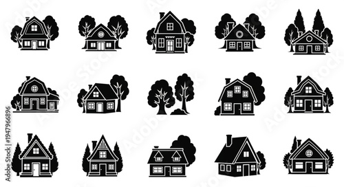 Collection of Black and White House Illustrations with Trees.