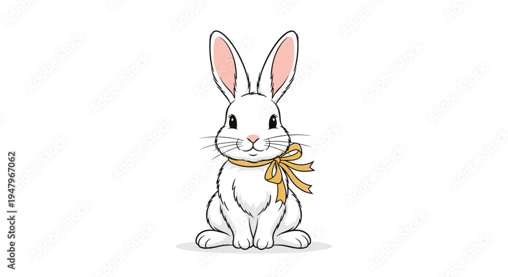 Obraz premium Beautiful white rabbit with long ears sits calmly while wearing a golden ribbon bow around its neck on a plain white background for kids.