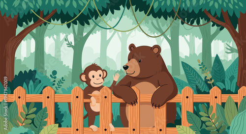 Large brown bear and a small monkey lean over a wooden fence in a lush green forest filled with tropical trees and climbing vines.