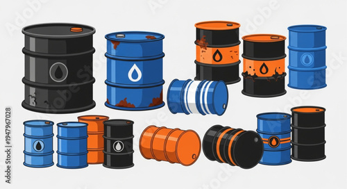 Collection of Colorful Oil Drums with Various Designs and Conditions.