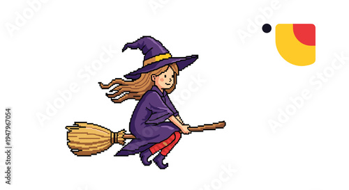 Cute pixel art witch wearing a purple hat and dress flies through the air on a magic broomstick against a simple white background.
