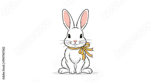 Beautiful white rabbit with long ears sits calmly while wearing a golden ribbon bow around its neck on a plain white background for kids.