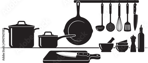 Black Silhouette Of Kitchen Utensils And Cookware Minimalist Vector Illustration
