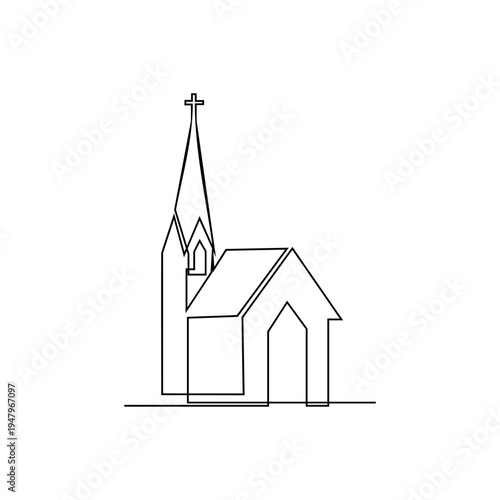 Continuous One Line Drawing of a Church with Steeple and Christian Cross