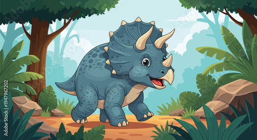Happy blue triceratops dinosaur walking through a lush prehistoric jungle landscape with rocks and exotic tropical plants and trees.