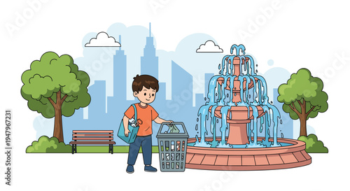 Young boy throwing waste into a trash bin in an urban park with a large water fountain and city buildings in the distant background.