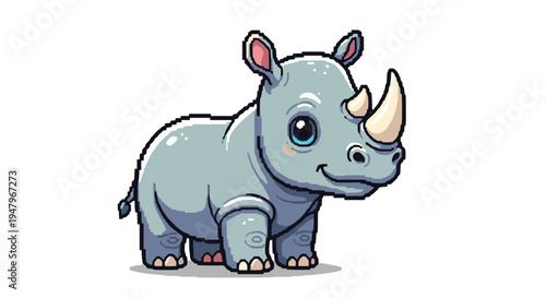 Small grey rhinoceros calf with tiny horns and blue eyes looking forward in a playful pixel art style on a plain white background.