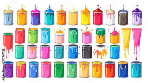 Cartoon Paint Cans and Paint Tubes Flat Vector Illustration Set