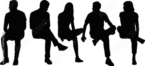 People sitting silhouettes with crossed leg poses, men and women seated figures, black shadow people isolated illustration set