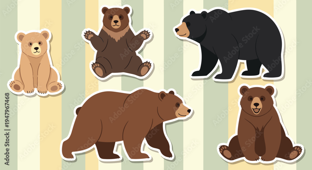 Fototapeta premium Collection of five different bear species stickers including grizzly, black, and polar bears in various poses on a striped background.