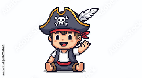 Cute pixel art pirate boy sitting and waving while wearing a large skull and crossbones hat with a white feather.