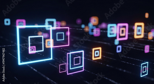 Neon squares float in dark space with glowing lines abstract technology background with colorful rectangles