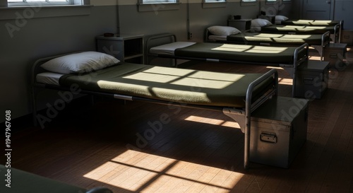 Neatly Made Soldier's Cot in Stark Barracks Room