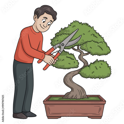 A man with a smile meticulously trims a decorative bonsai tree using sharp pruning shears.