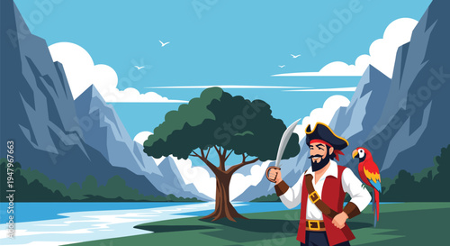 Brave pirate captain holding a sword with a colorful parrot on his shoulder standing in a mountain and river landscape.