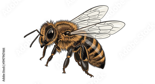 Detailed realistic illustration of a honeybee in profile showing its wings, legs, and characteristic yellow and black stripes.