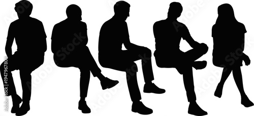 People sitting silhouettes with crossed leg poses, men and women seated figures, black shadow people isolated illustration collection