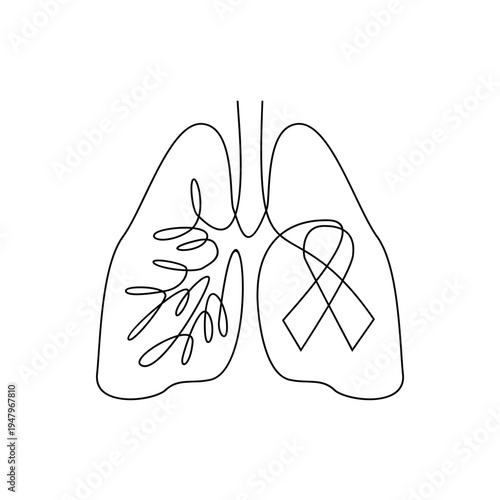 Continuous One Line Art of Lungs with Disease Symbol and Awareness Ribbon for Health Campaign